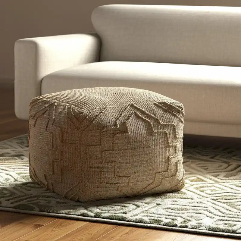 Puf otomano cúbico de 18" de mezcla de yute natural con diseño quatrefoil