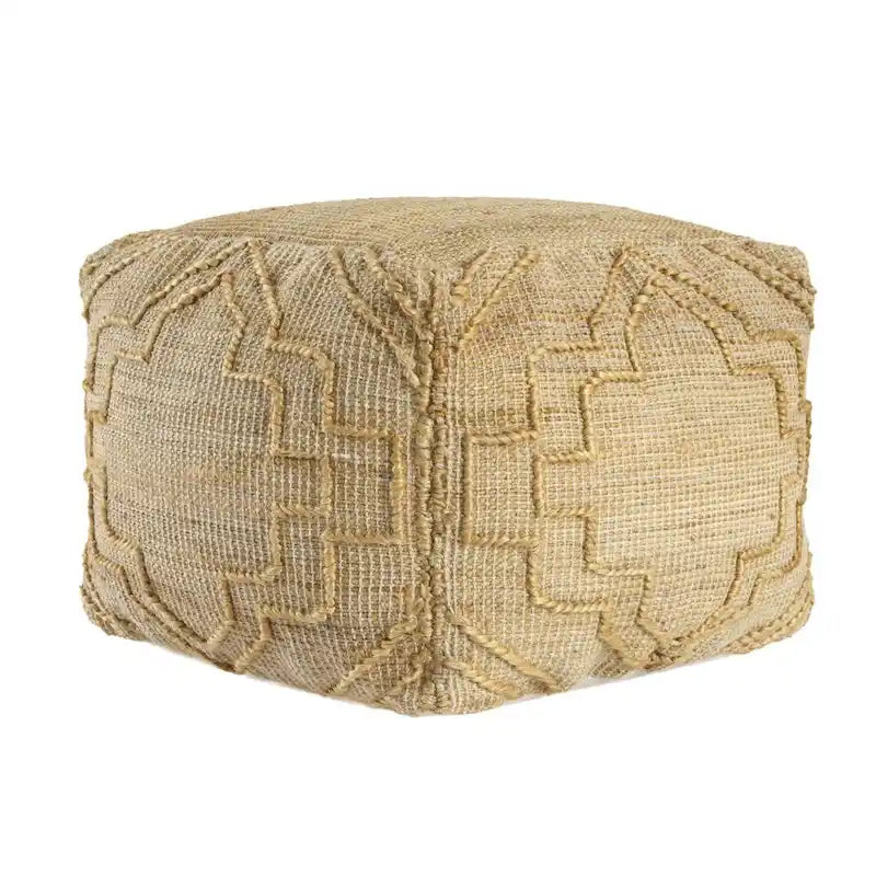 Puf otomano cúbico de 18" de mezcla de yute natural con diseño quatrefoil