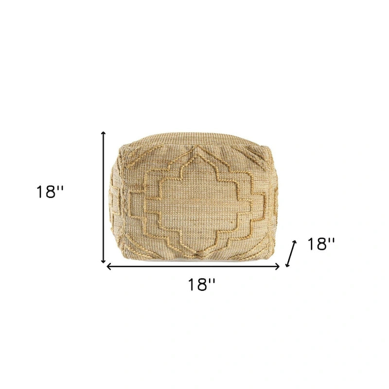 Puf otomano cúbico de 18" de mezcla de yute natural con diseño quatrefoil