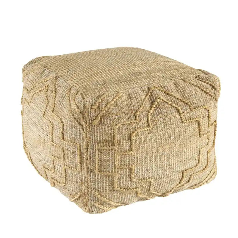 Puf otomano cúbico de 18" de mezcla de yute natural con diseño quatrefoil