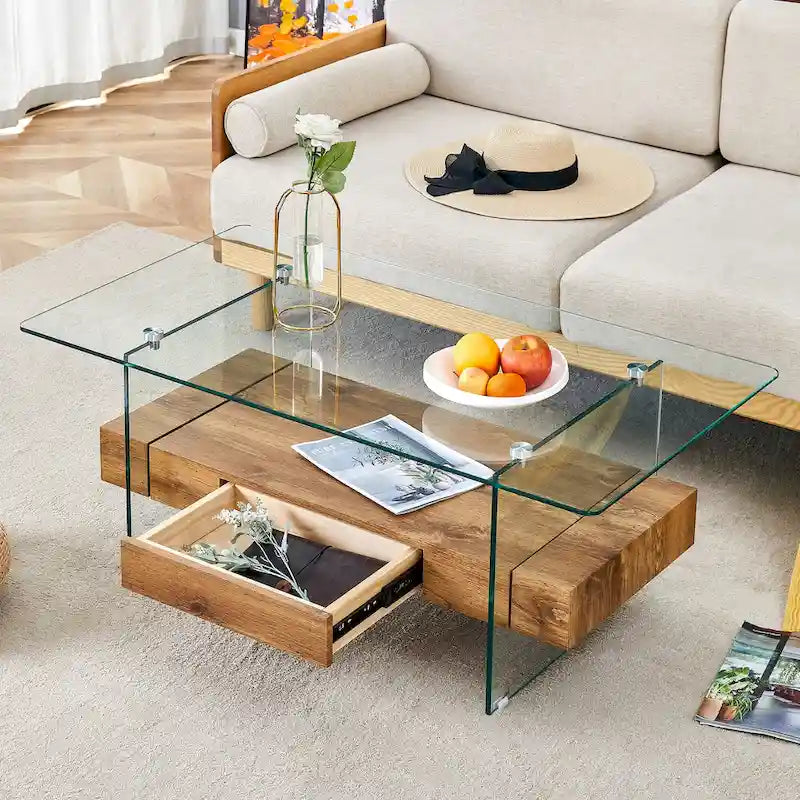 Mesa de centro de doble nivel con cajón y superficie de vidrio