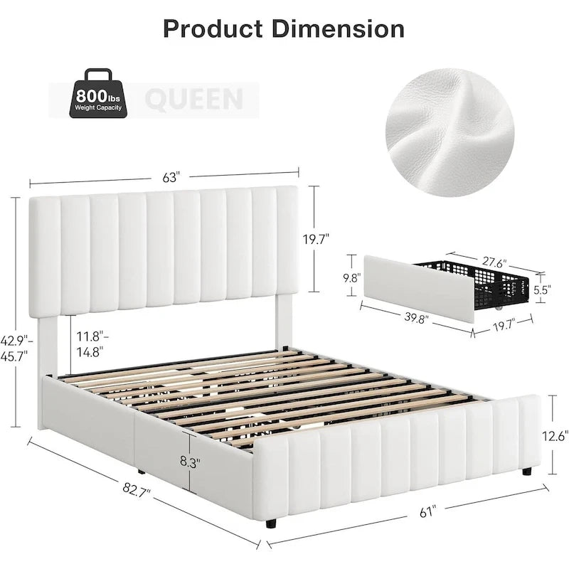 Estructura de cama con 4 cajones de almacenamiento y cabecero ajustable, no necesita somier