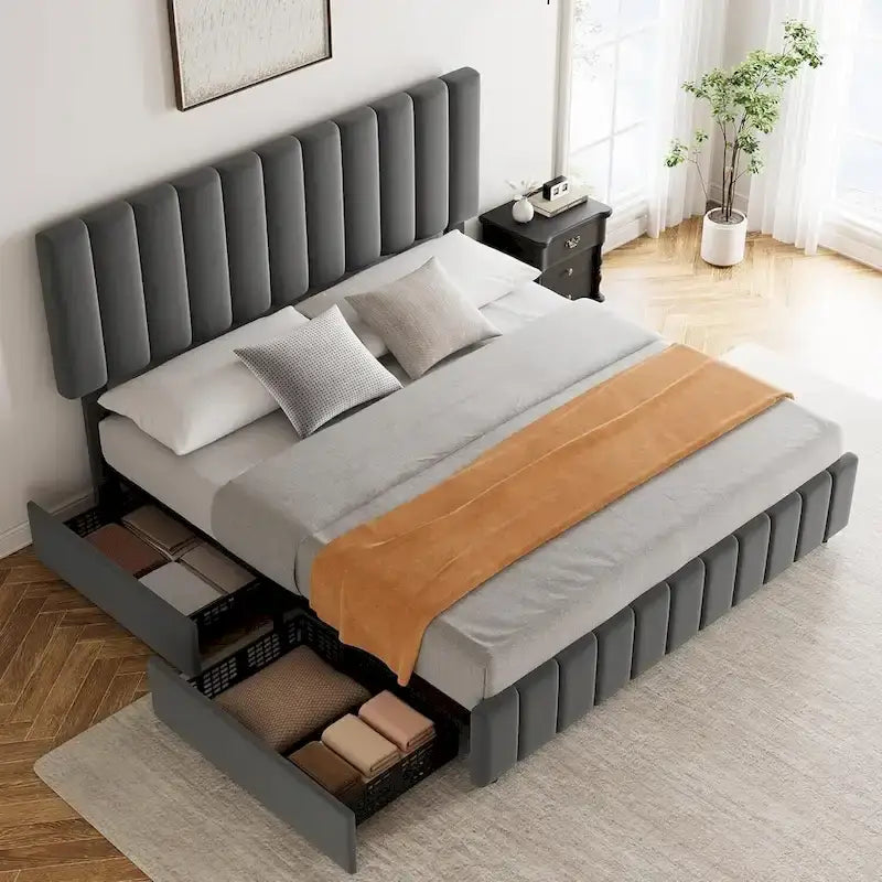 Estructura de cama con 4 cajones de almacenamiento y cabecero ajustable, no necesita somier