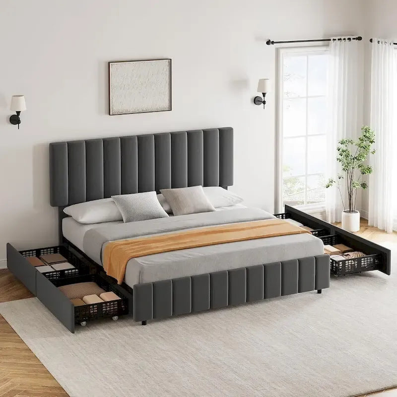 Estructura de cama con 4 cajones de almacenamiento y cabecero ajustable, no necesita somier