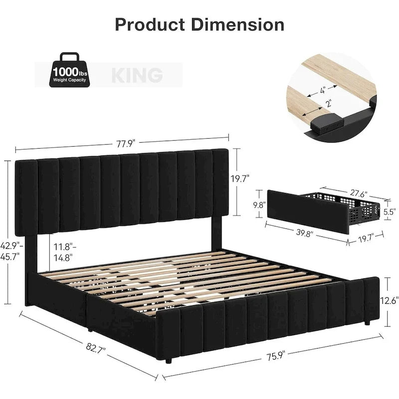 Estructura de cama con 4 cajones de almacenamiento y cabecero ajustable, no necesita somier