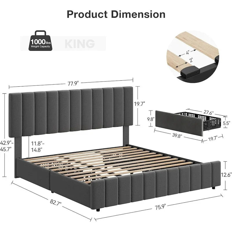 Estructura de cama con 4 cajones de almacenamiento y cabecero ajustable, no necesita somier