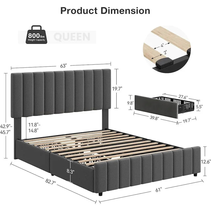 Estructura de cama con 4 cajones de almacenamiento y cabecero ajustable, no necesita somier