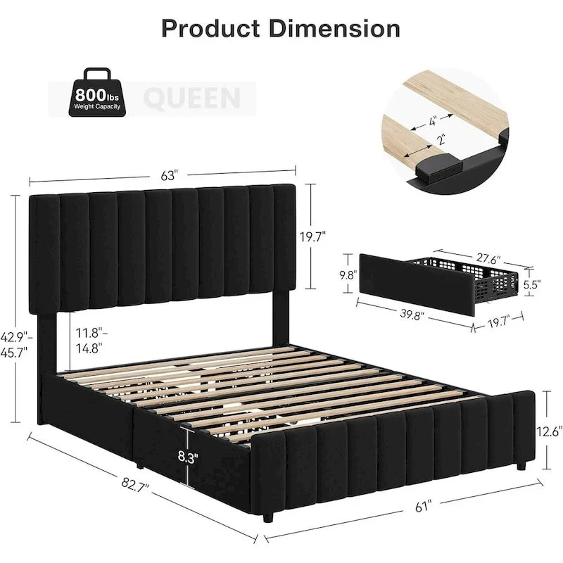 Estructura de cama con 4 cajones de almacenamiento y cabecero ajustable, no necesita somier