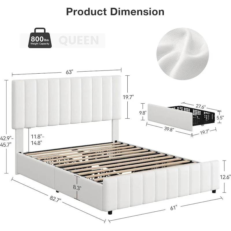 Estructura de cama con 4 cajones de almacenamiento y cabecero ajustable, no necesita somier