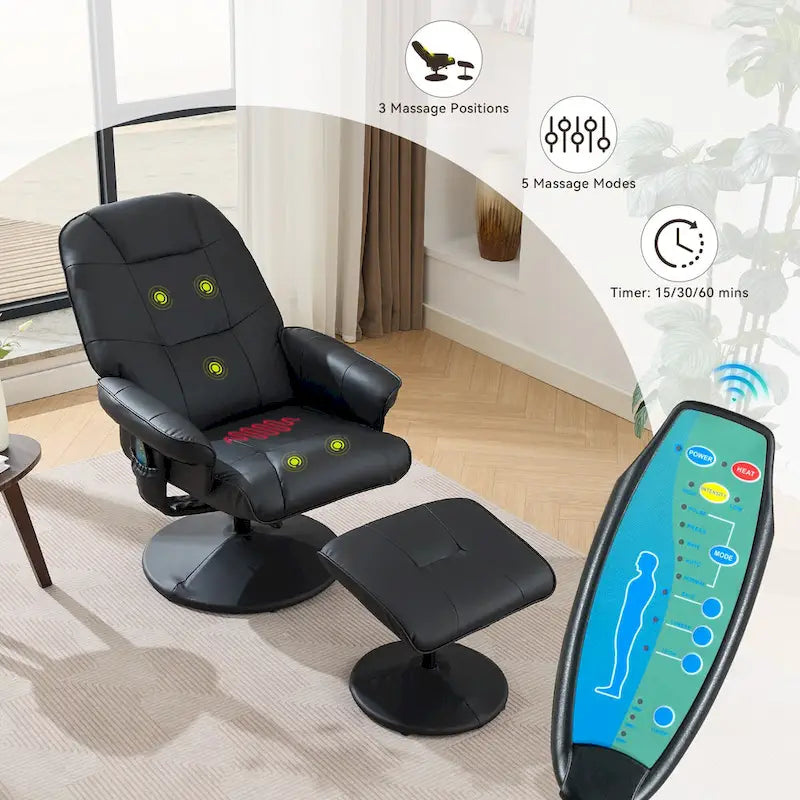 Um 360° drehbarer Massagesessel mit Hocker, beheizter Sitzfläche und um 140° verstellbarer Rückenlehne
