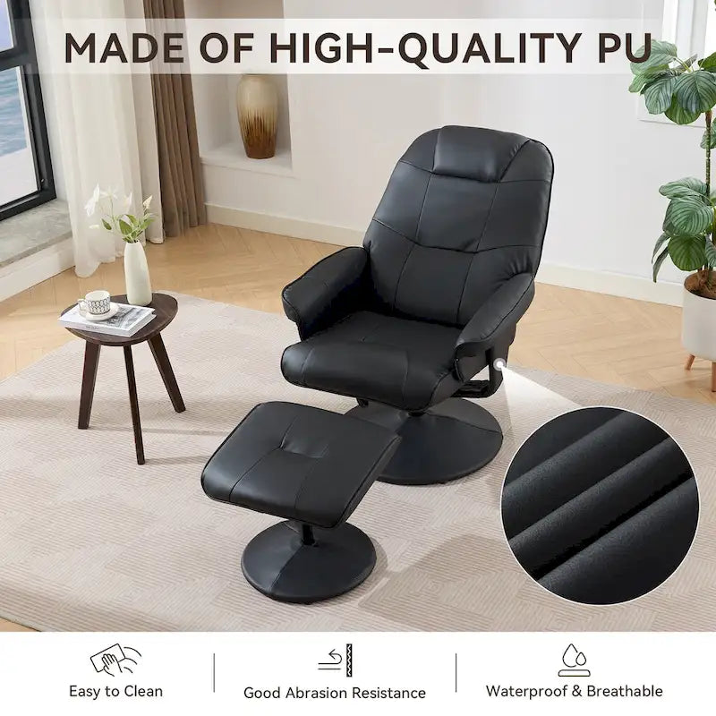 Um 360° drehbarer Massagesessel mit Hocker, beheizter Sitzfläche und um 140° verstellbarer Rückenlehne
