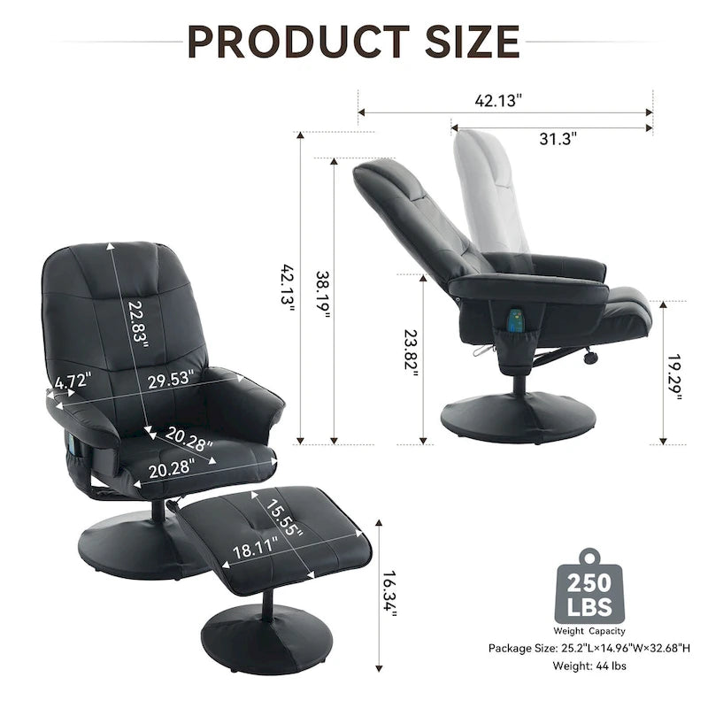 Um 360° drehbarer Massagesessel mit Hocker, beheizter Sitzfläche und um 140° verstellbarer Rückenlehne