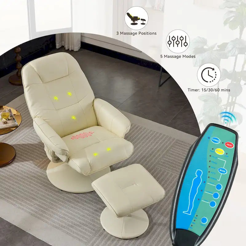 Um 360° drehbarer Massagesessel mit Hocker, beheizter Sitzfläche und um 140° verstellbarer Rückenlehne