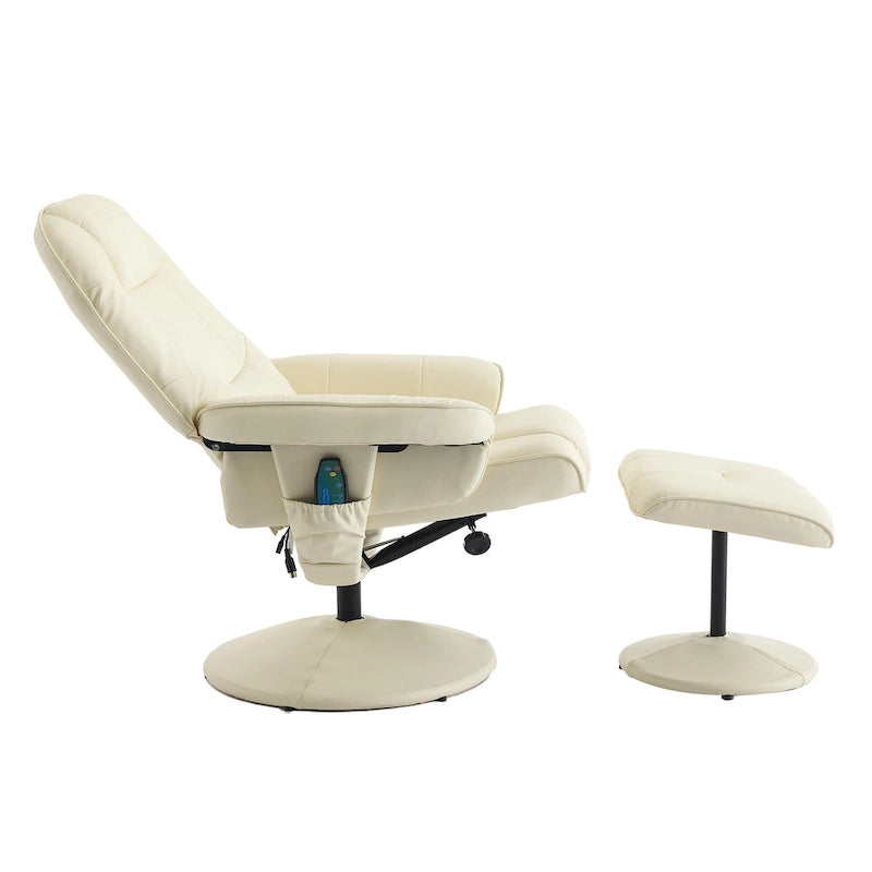 Um 360° drehbarer Massagesessel mit Hocker, beheizter Sitzfläche und um 140° verstellbarer Rückenlehne