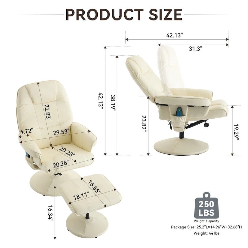 Um 360° drehbarer Massagesessel mit Hocker, beheizter Sitzfläche und um 140° verstellbarer Rückenlehne