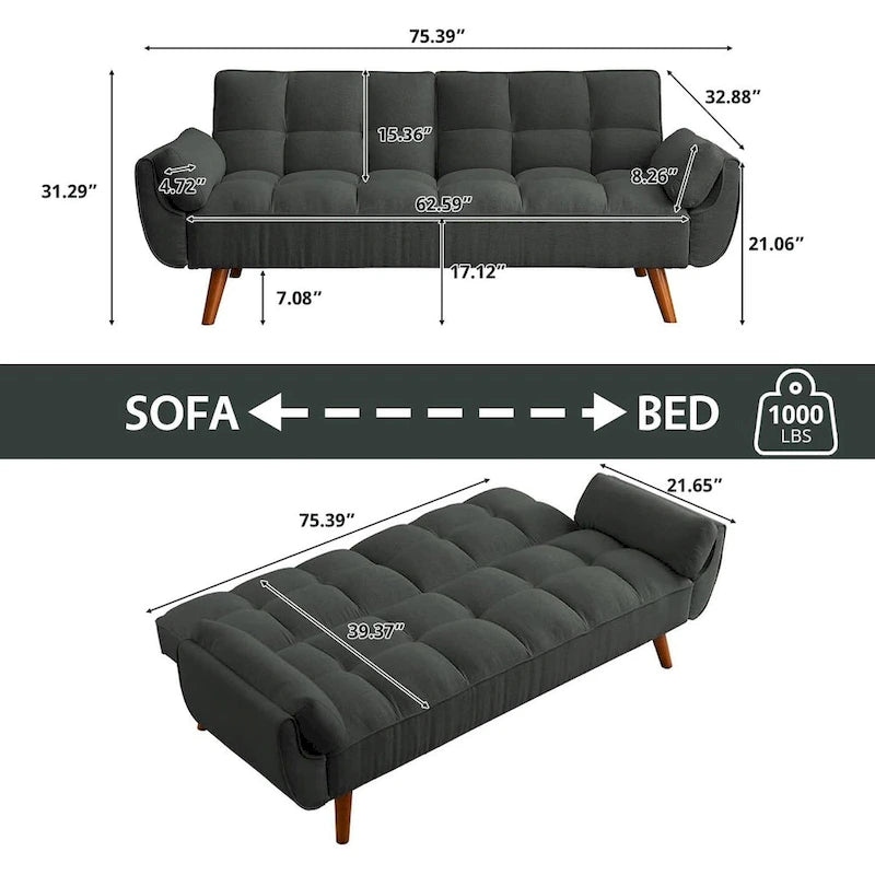75.39 IN. Schlafsofa, gepolstertes Sofa mit Liegefunktion und geteilter, gesteppter Rückenlehne