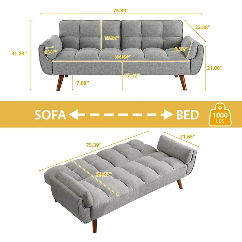 75.39 IN. Schlafsofa, gepolstertes Sofa mit Liegefunktion und geteilter, gesteppter Rückenlehne