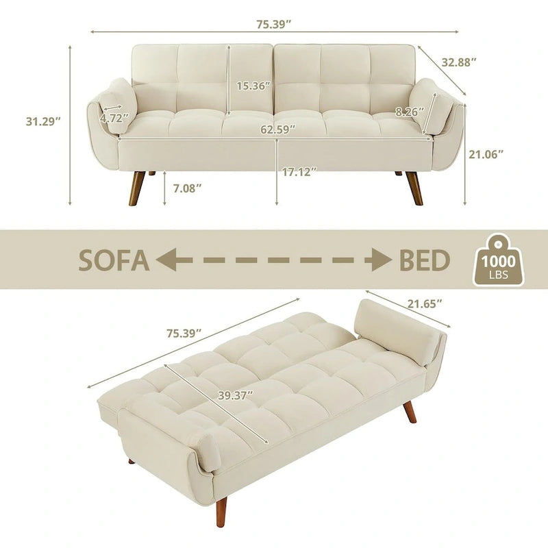 75.39 IN. Schlafsofa, gepolstertes Sofa mit Liegefunktion und geteilter, gesteppter Rückenlehne