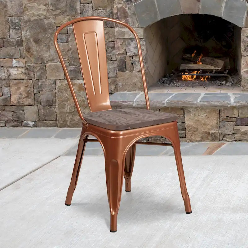 Silla apilable de metal con asiento de madera - 17.75W x 20D x 33.5H