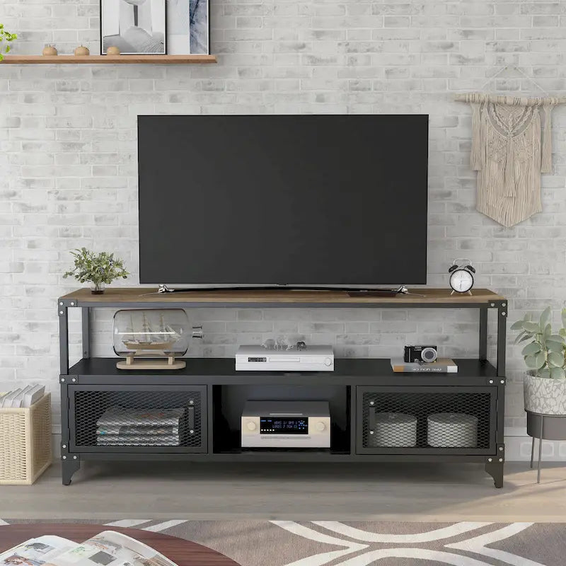 Consola de TV de acero de 70 pulgadas en negro rústico y nogal oscuro, con 2 estantes