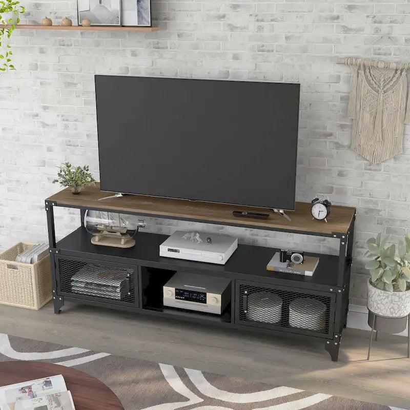 Consola de TV de acero de 70 pulgadas en negro rústico y nogal oscuro, con 2 estantes