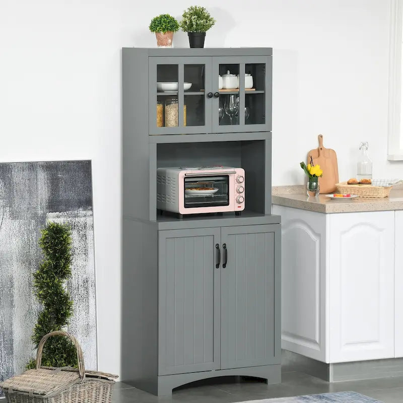 Aparador y vitrina de cocina decorativos de madera con puerta con marco de vidrio y espacio para microondas