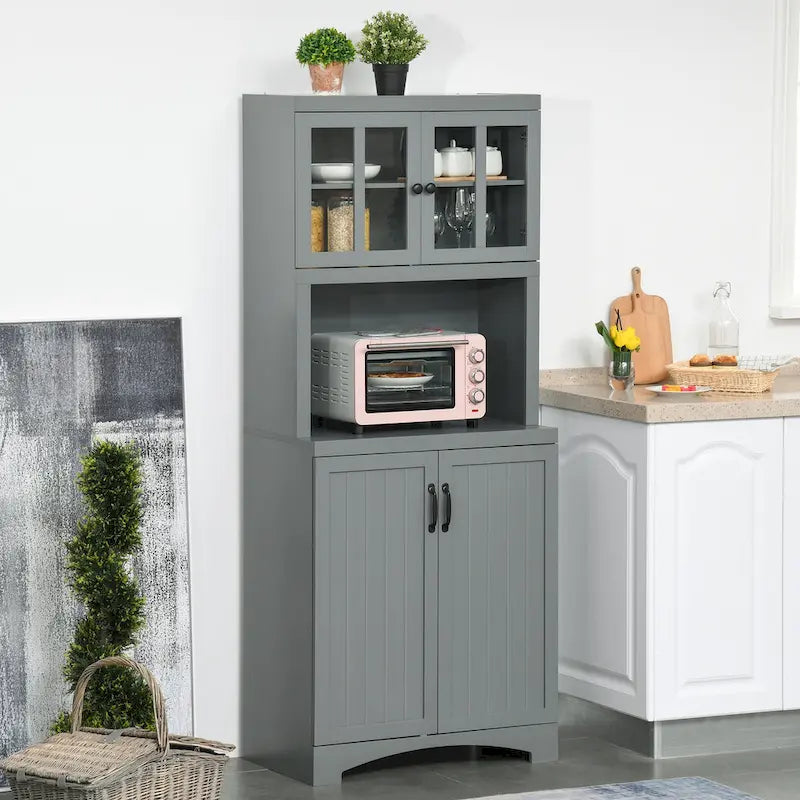 Aparador y vitrina de cocina decorativos de madera con puerta con marco de vidrio y espacio para microondas