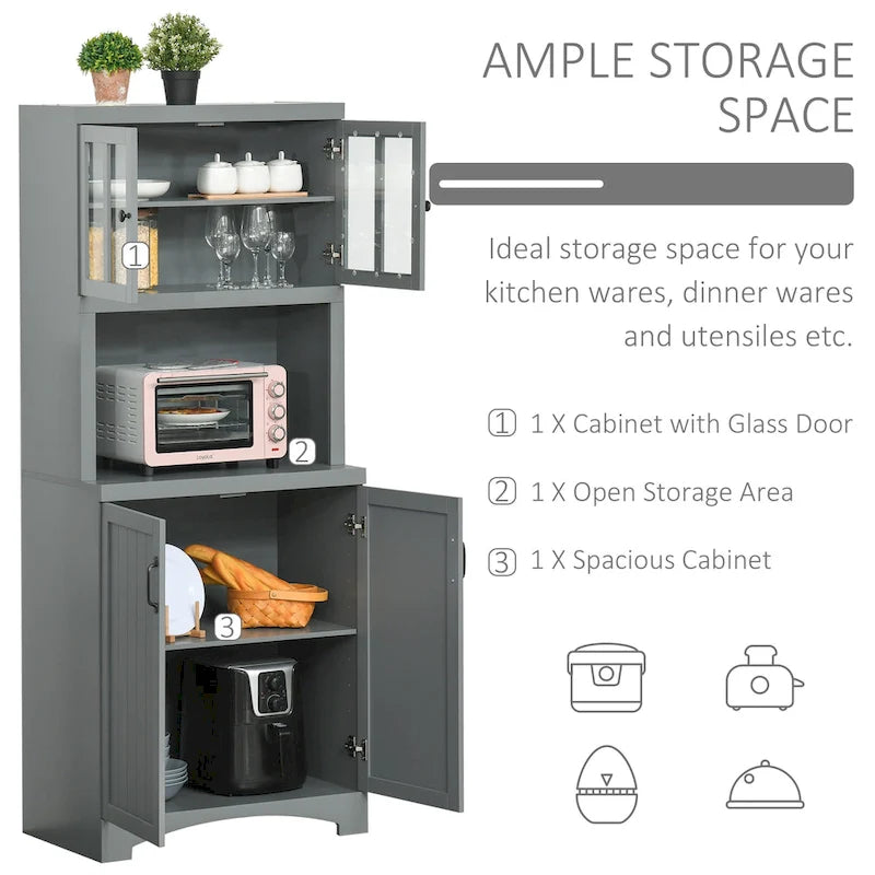 Aparador y vitrina de cocina decorativos de madera con puerta con marco de vidrio y espacio para microondas
