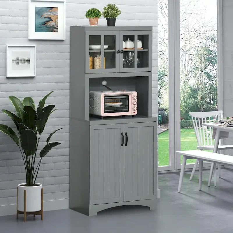 Aparador y vitrina de cocina decorativos de madera con puerta con marco de vidrio y espacio para microondas
