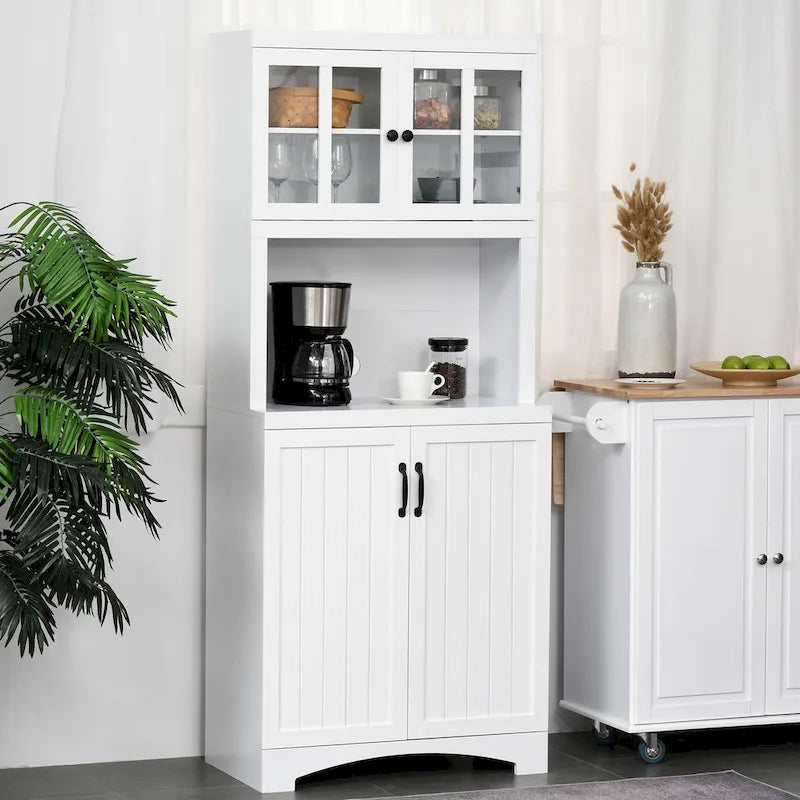 Aparador y vitrina de cocina decorativos de madera con puerta con marco de vidrio y espacio para microondas