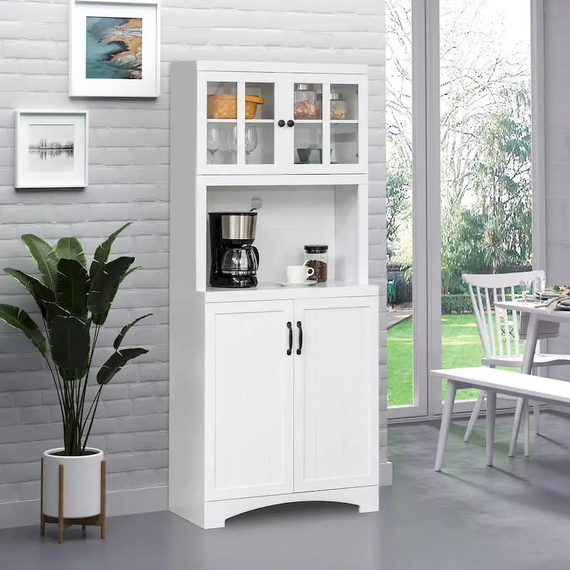 Aparador y vitrina de cocina decorativos de madera con puerta con marco de vidrio y espacio para microondas