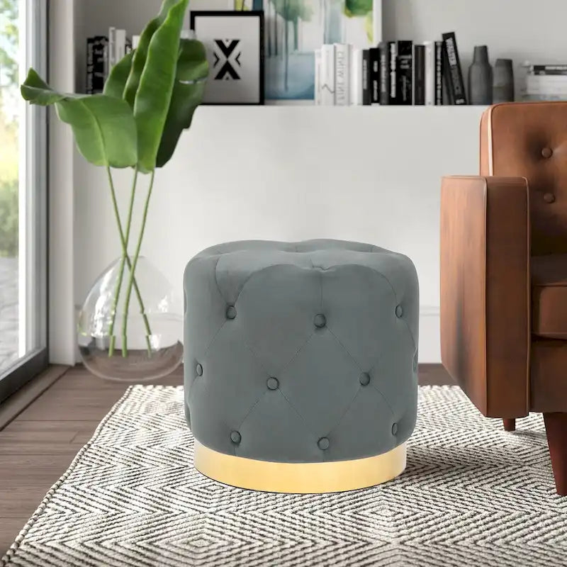 Ronde fluwelen voetenbank voor de kaptafel, met goudkleurig onderstel
