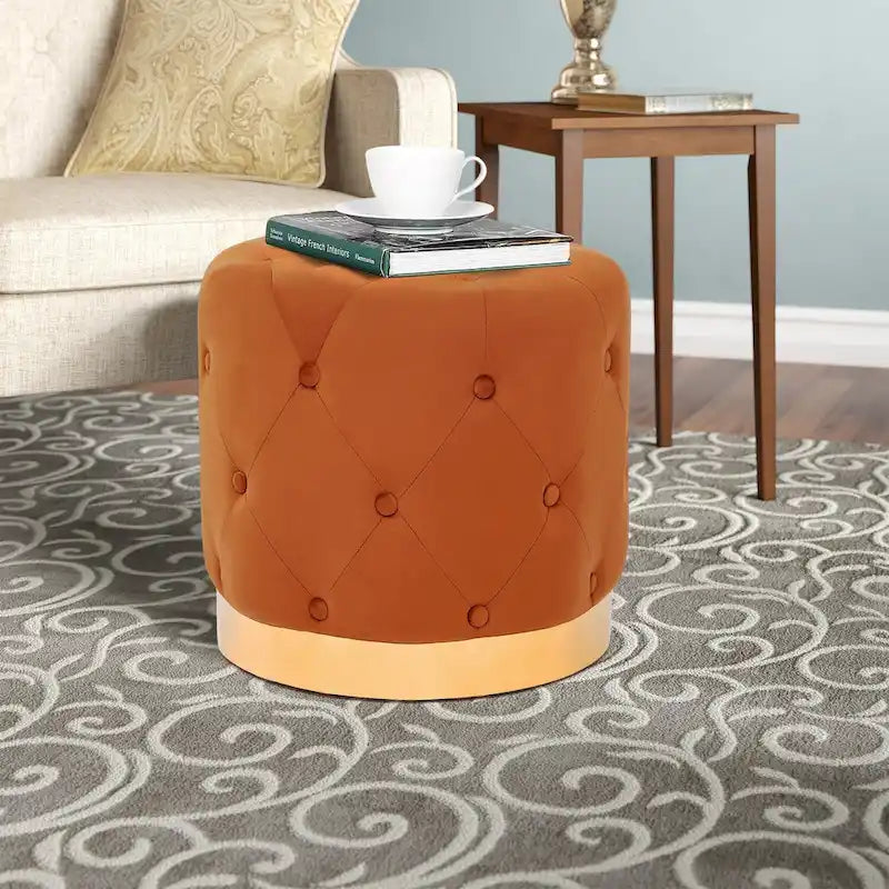 Ronde fluwelen voetenbank voor de kaptafel, met goudkleurig onderstel