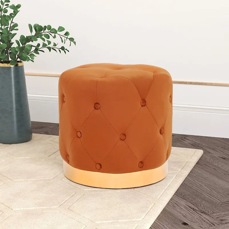 Ronde fluwelen voetenbank voor de kaptafel, met goudkleurig onderstel