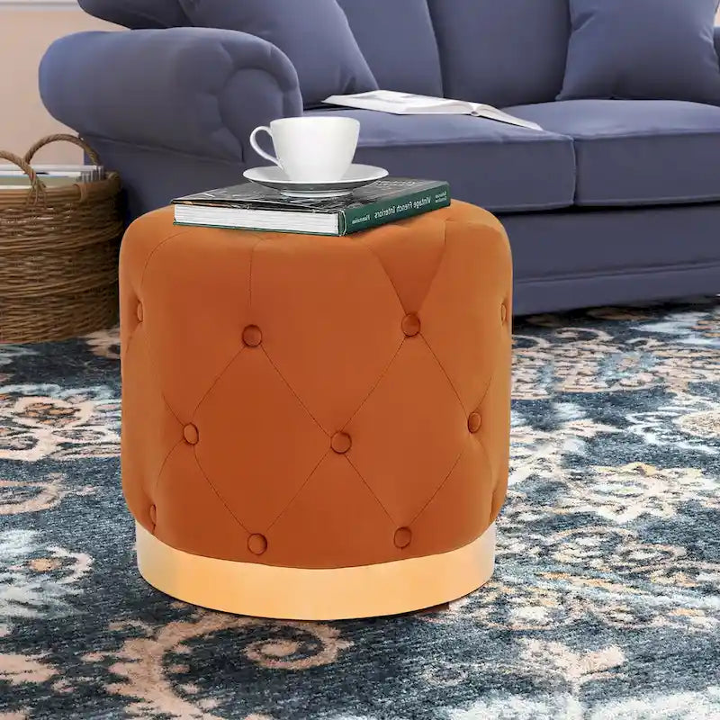 Ronde fluwelen voetenbank voor de kaptafel, met goudkleurig onderstel