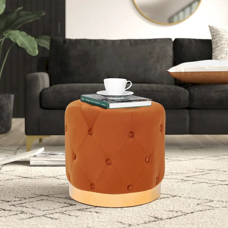 Ronde fluwelen voetenbank voor de kaptafel, met goudkleurig onderstel