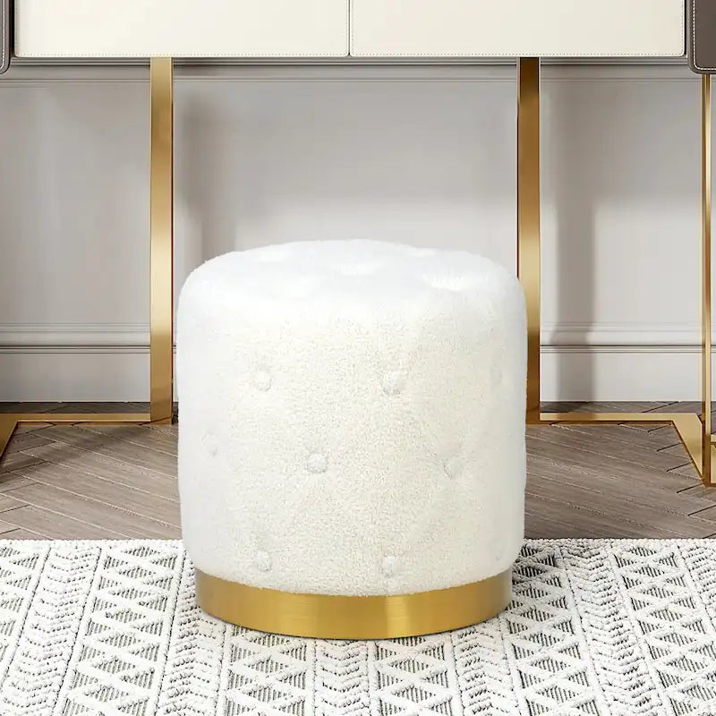 Ronde fluwelen voetenbank voor de kaptafel, met goudkleurig onderstel