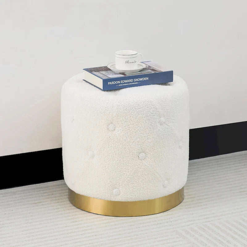 Ronde fluwelen voetenbank voor de kaptafel, met goudkleurig onderstel