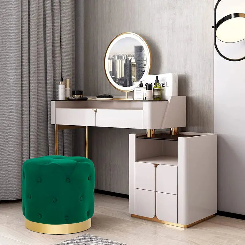 Ronde fluwelen voetenbank voor de kaptafel, met goudkleurig onderstel