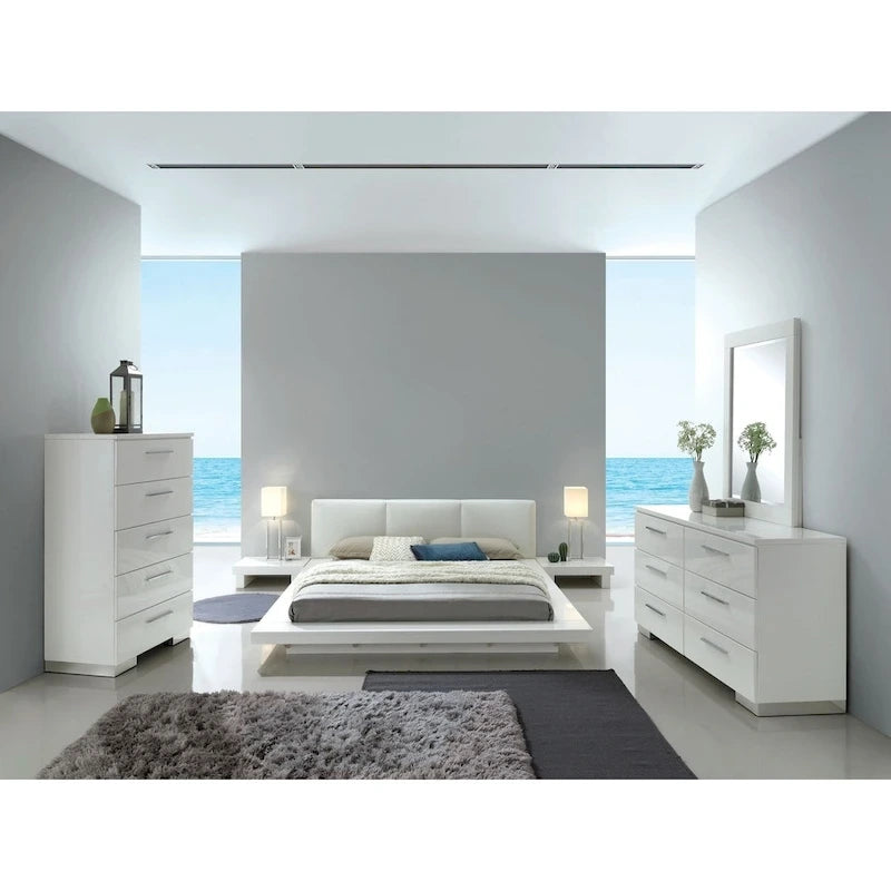 Cama tapizada blanca brillante de perfil bajo
