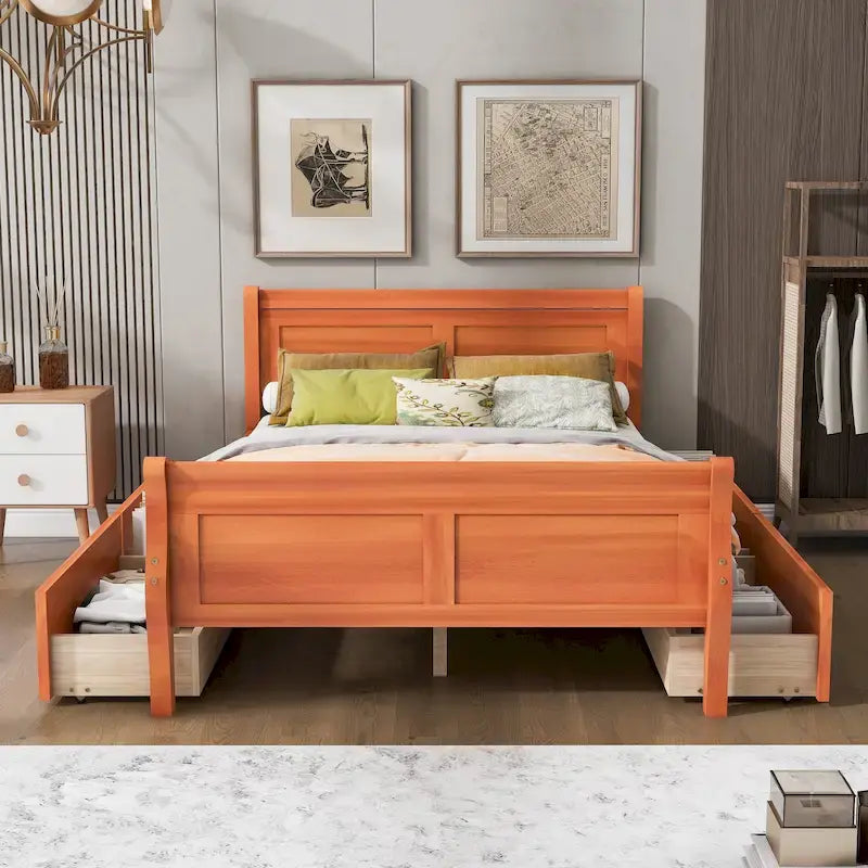 Cama de plataforma de madera tamaño matrimonial con 4 cajones y cabecero