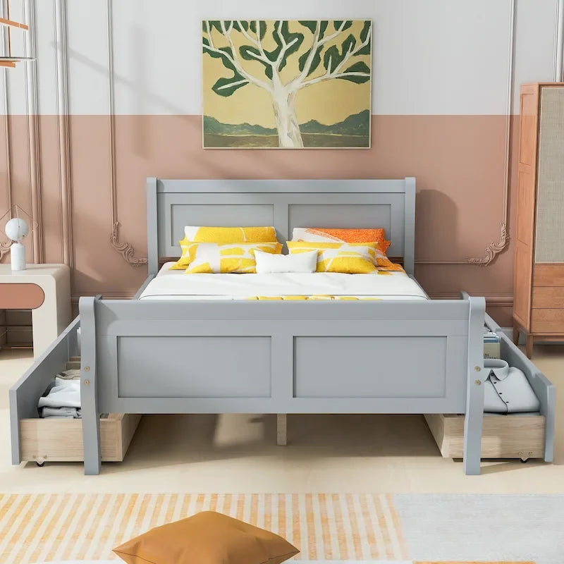Cama de plataforma de madera tamaño matrimonial con 4 cajones y cabecero