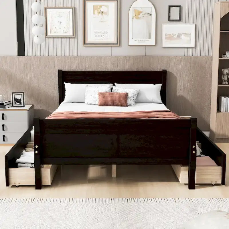 Cama de plataforma de madera tamaño matrimonial con 4 cajones y cabecero