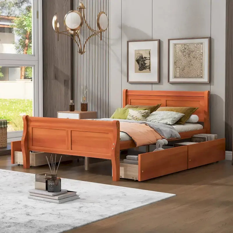 Cama de plataforma de madera tamaño matrimonial con 4 cajones y cabecero