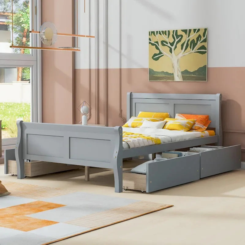 Cama de plataforma de madera tamaño matrimonial con 4 cajones y cabecero