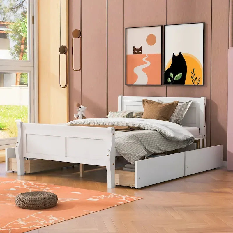 Cama de plataforma de madera tamaño matrimonial con 4 cajones y cabecero