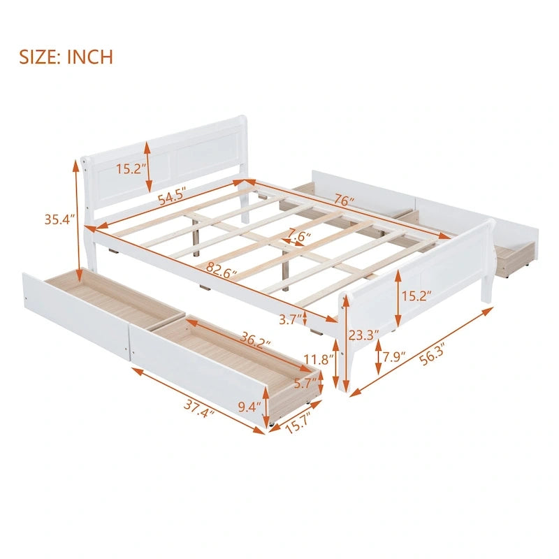Cama de plataforma de madera tamaño matrimonial con 4 cajones y cabecero