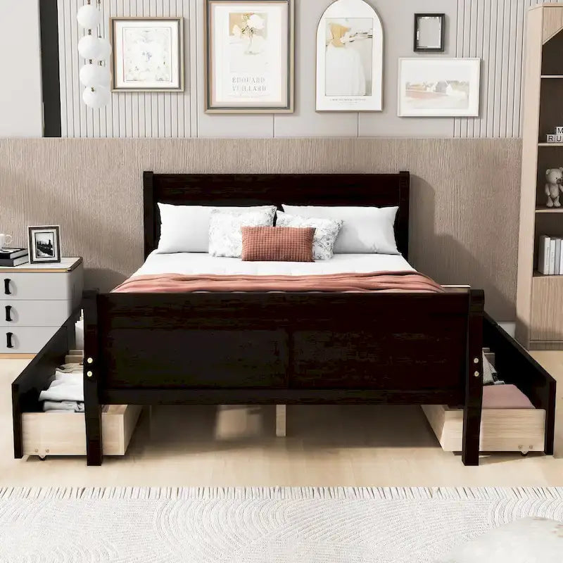 Cama de plataforma de madera tamaño matrimonial con 4 cajones y cabecero