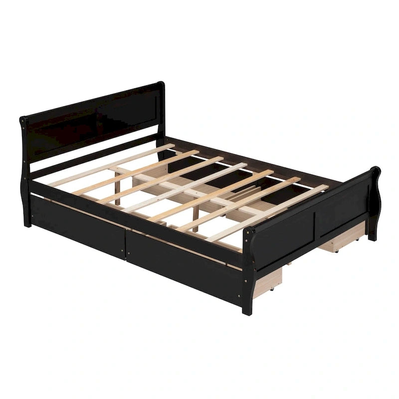 Cama de plataforma de madera tamaño matrimonial con 4 cajones y cabecero