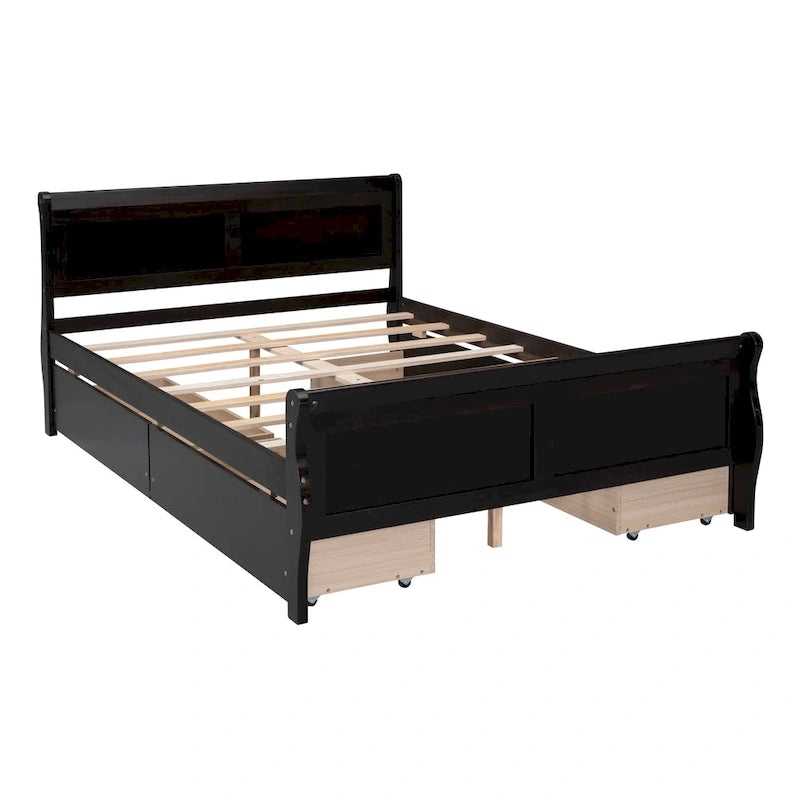 Cama de plataforma de madera tamaño matrimonial con 4 cajones y cabecero